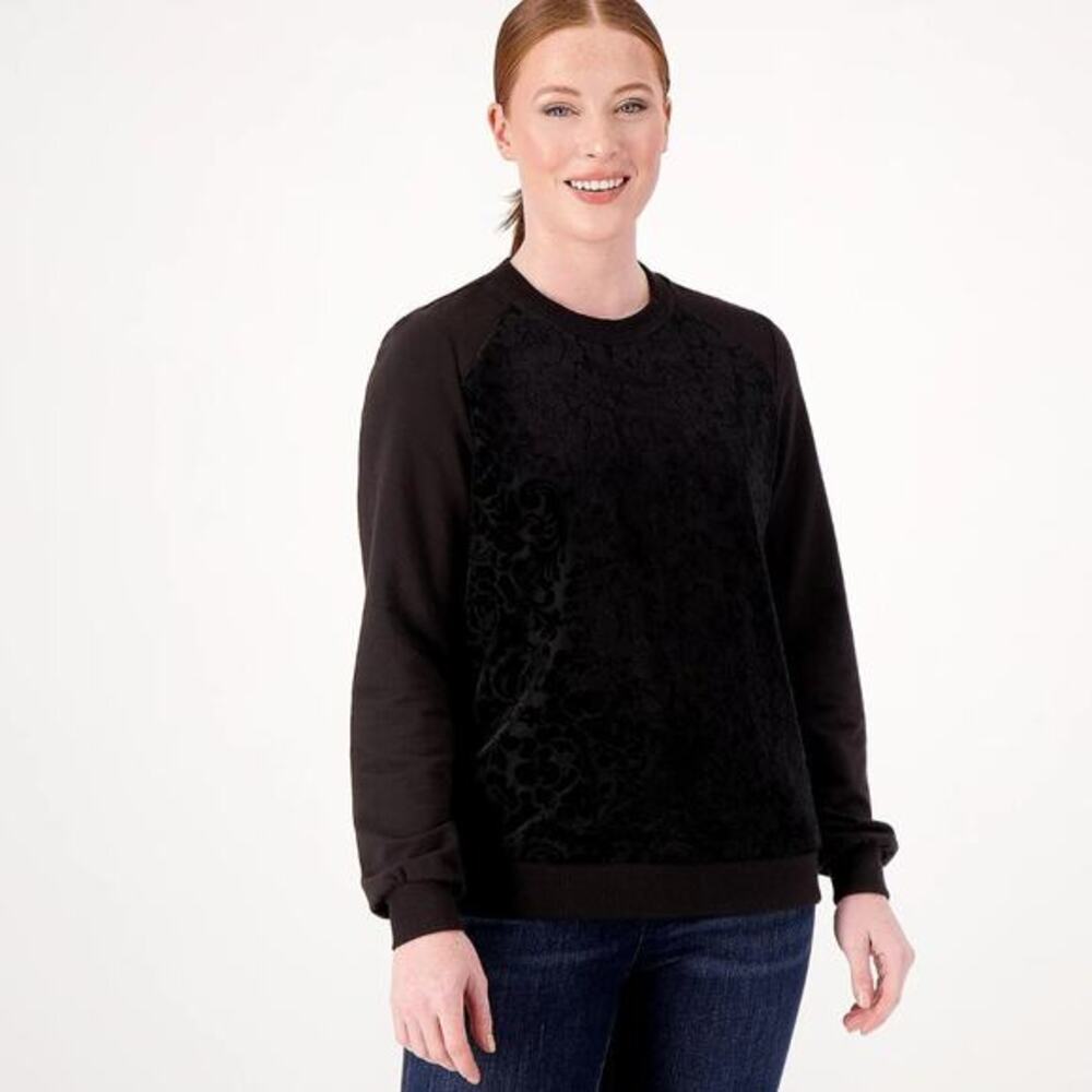 Joan Rivers Women's L Black Floral Print Long Sleeve Pullover Novelty Sweatshirt